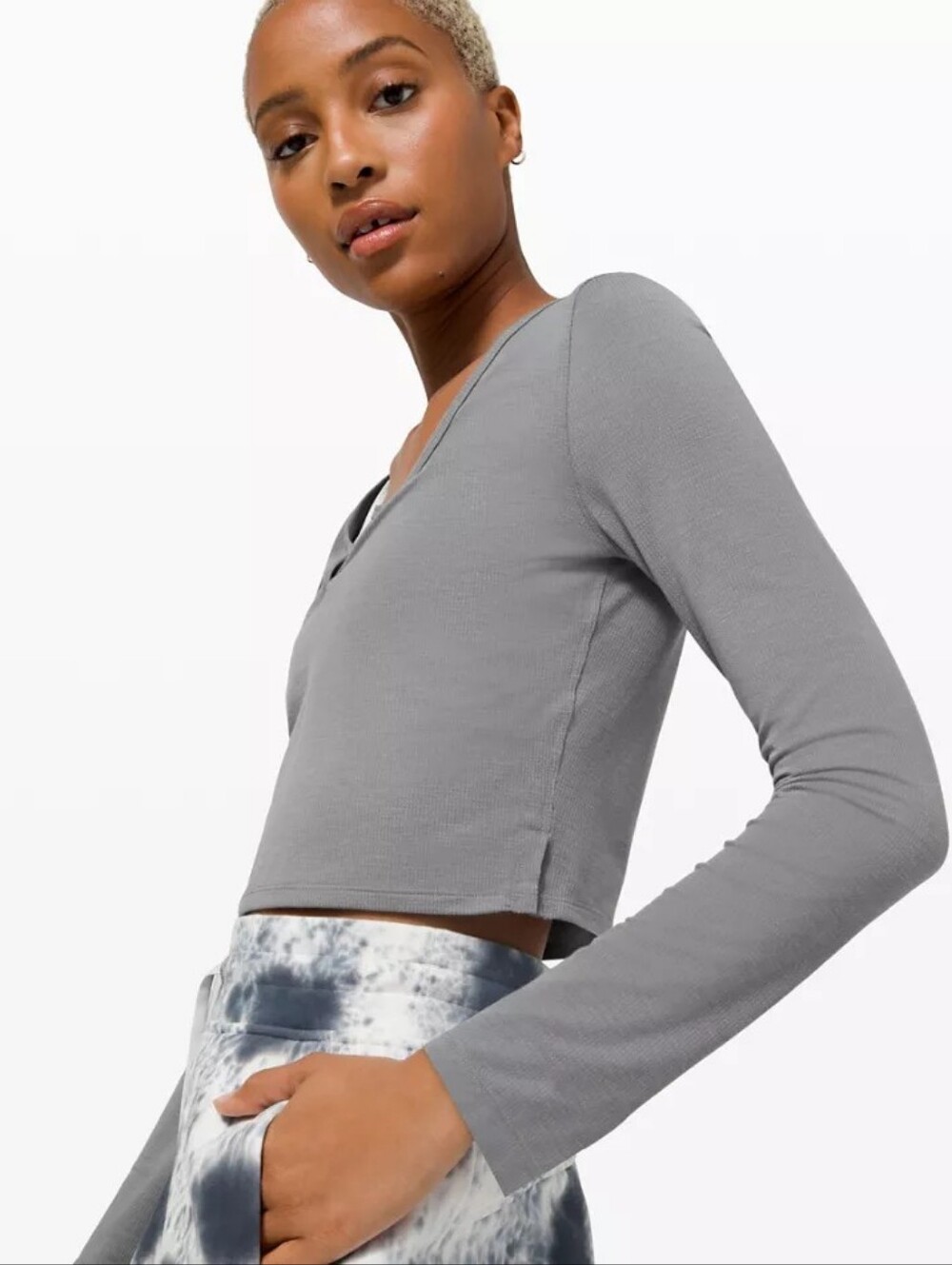 Lululemon Cropped Henley Long Sleeve Ribbed Top - Asphalt Grey - Size 8 (M)